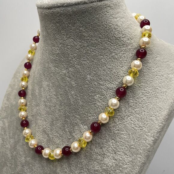 Earth mined Red Gemstone Glass Pearl Yellow Glass Beaded Necklace Statement - Picture 3 of 7